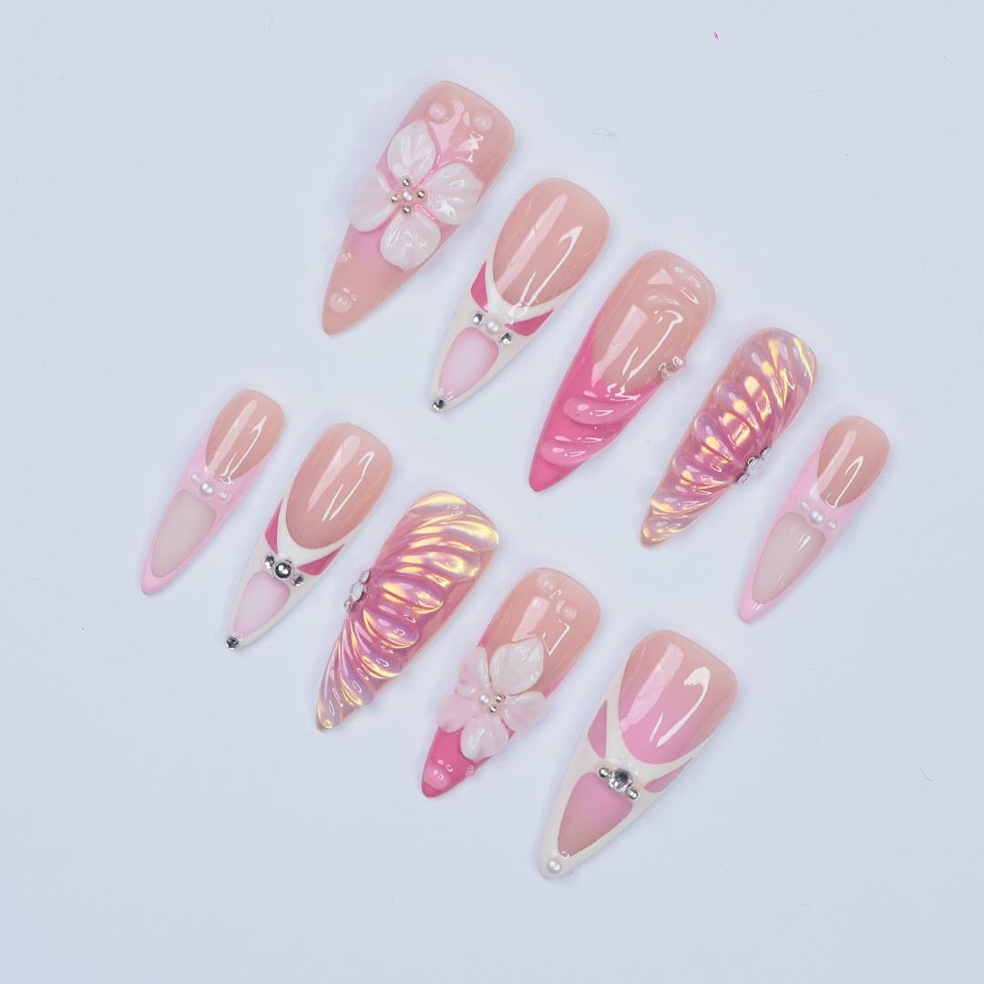 Press On Nails Roselle 3D Flowers & Iridescent Swirls | Pink Floral Fake Nails Long Almond | Handmade Elegant Nail Art for Wedding, Party