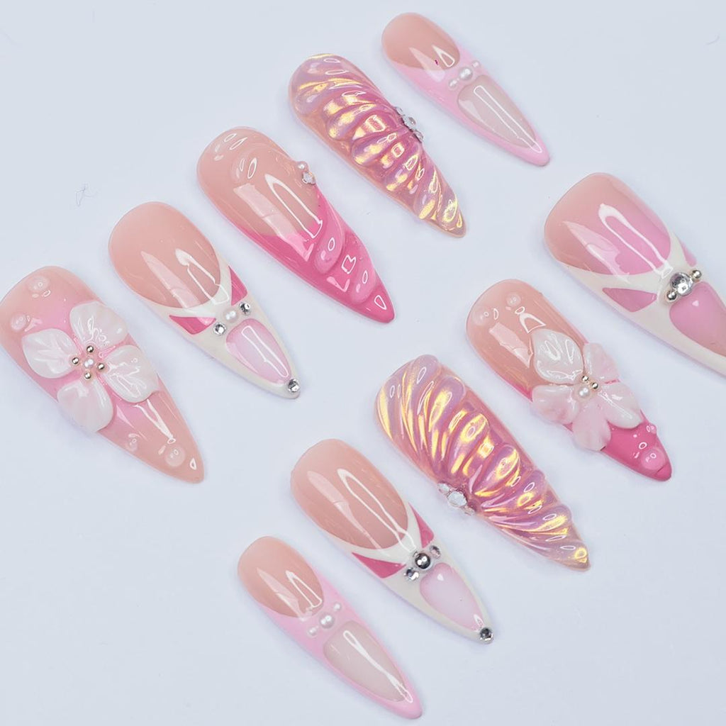 Press On Nails Roselle 3D Flowers & Iridescent Swirls | Pink Floral Fake Nails Long Almond | Handmade Elegant Nail Art for Wedding, Party