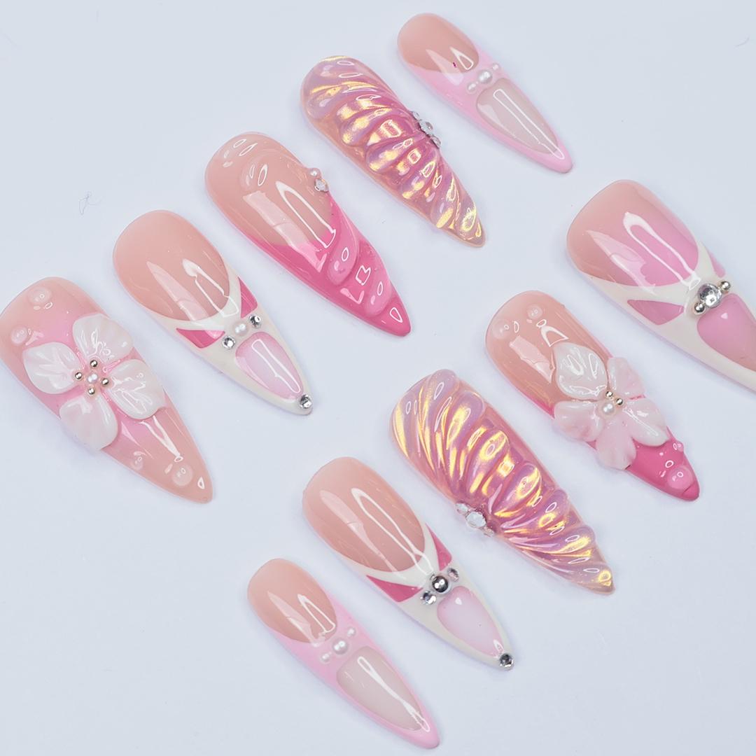 Press On Nails Roselle 3D Flowers & Iridescent Swirls | Pink Floral Fake Nails Long Almond | Handmade Elegant Nail Art for Wedding, Party