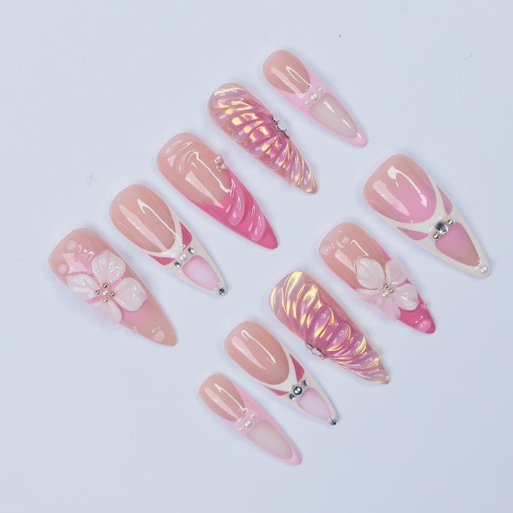 Press On Nails Roselle 3D Flowers & Iridescent Swirls | Pink Floral Fake Nails Long Almond | Handmade Elegant Nail Art for Wedding, Party