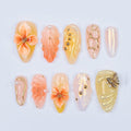 Press On Nails Solara 3D Flowers & Golden Swirls | Sunny Floral Fake Nails Medium Almond | Handmade Elegant Nail Art for Vacation, Party