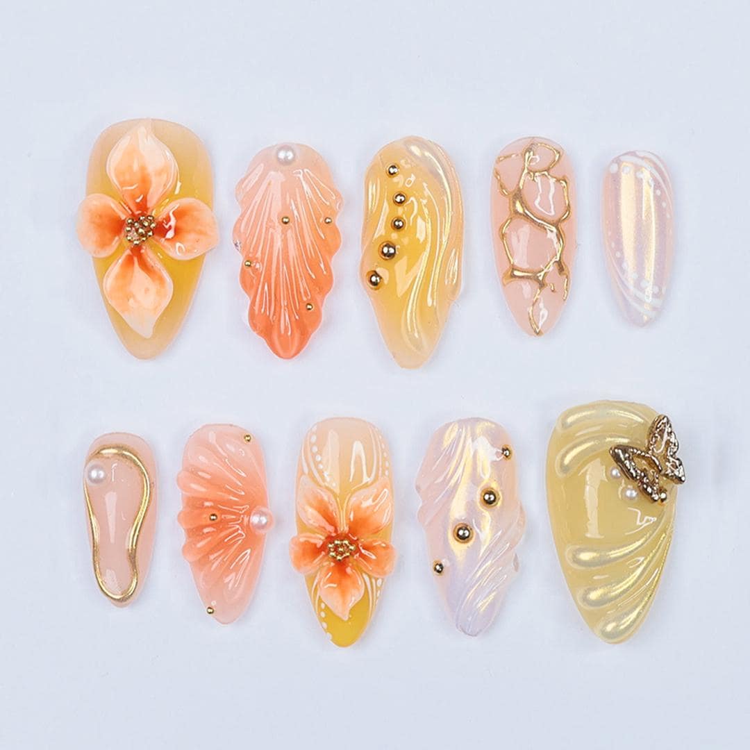 Press On Nails Solara 3D Flowers & Golden Swirls | Sunny Floral Fake Nails Medium Almond | Handmade Elegant Nail Art for Vacation, Party