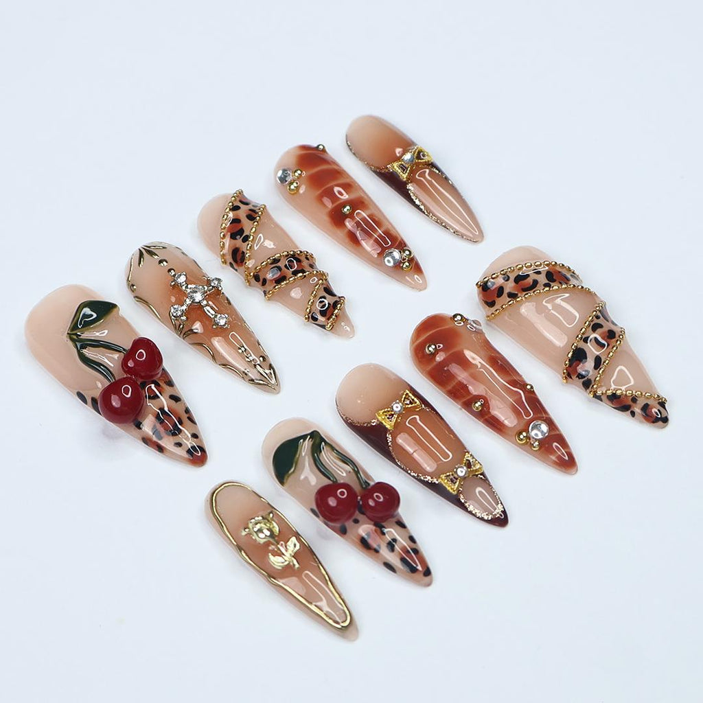 Leopard Luxe Almond PressOn Nail with Gold Details and 3D Cherry Gel, Handmade Statement Nail for a Fierce & Glamorous Look or Gift for Her