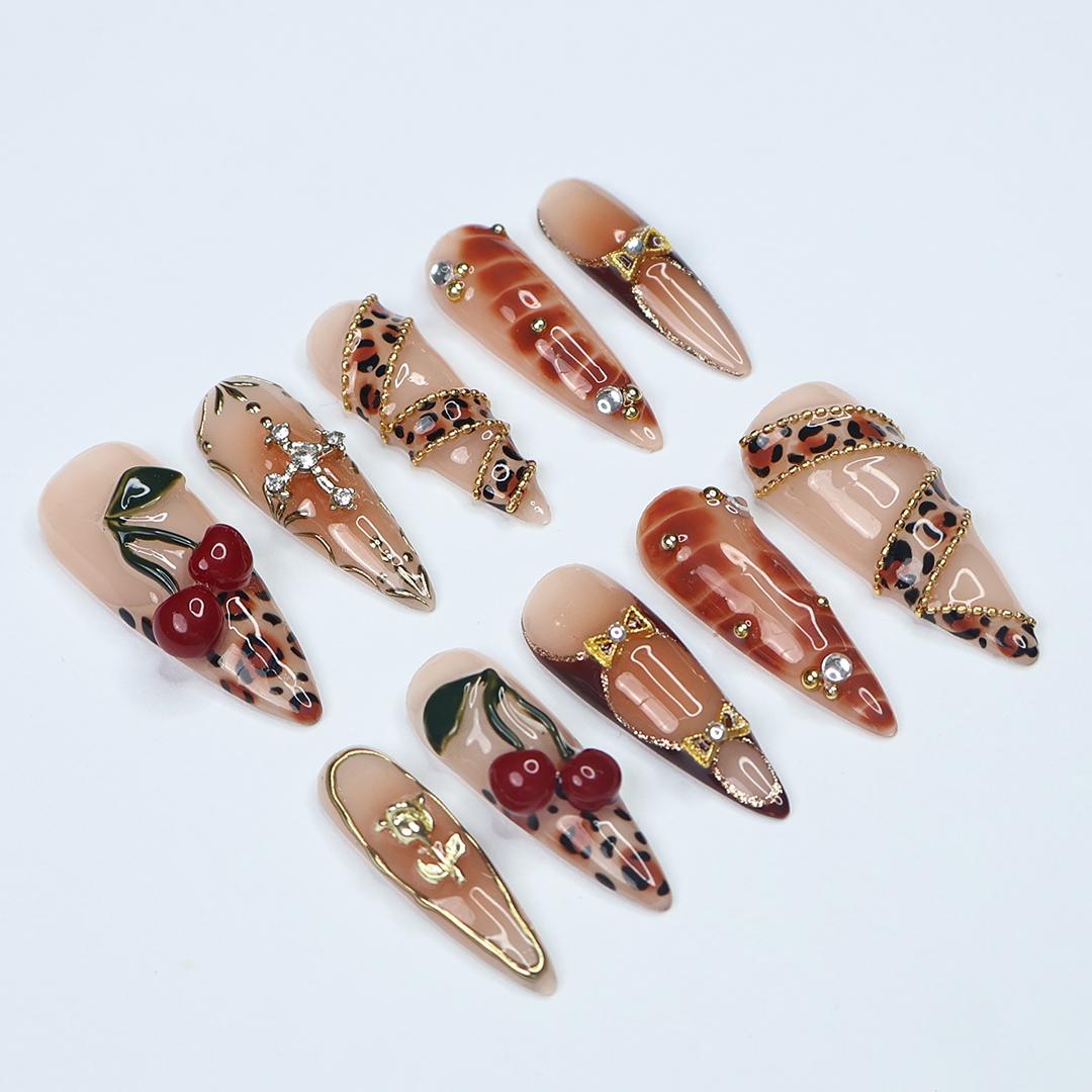 Leopard Luxe Almond PressOn Nail with Gold Details and 3D Cherry Gel, Handmade Statement Nail for a Fierce & Glamorous Look or Gift for Her