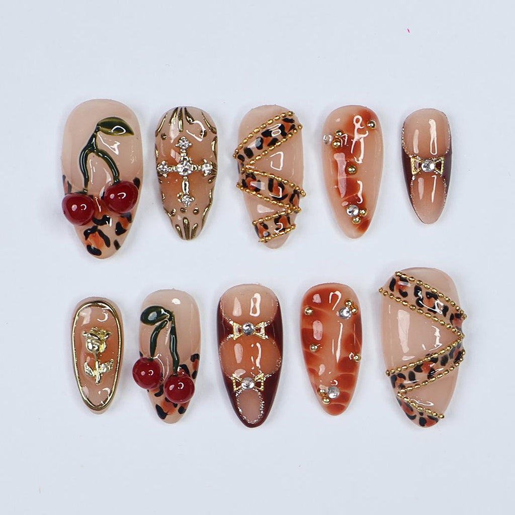 Leopard Luxe Almond PressOn Nail with Gold Details and 3D Cherry Gel, Handmade Statement Nail for a Fierce & Glamorous Look or Gift for Her