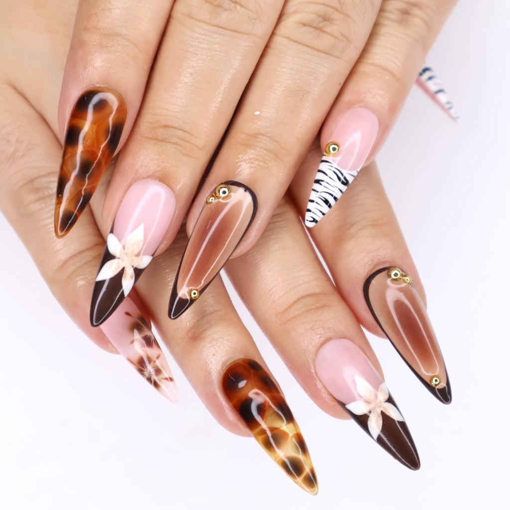 Tortoise Shell & Zebra Print Press-On Nails with Gold Accents, Handmade Fall Almond Nails for a Bold and Elegant Look or Gift for Her