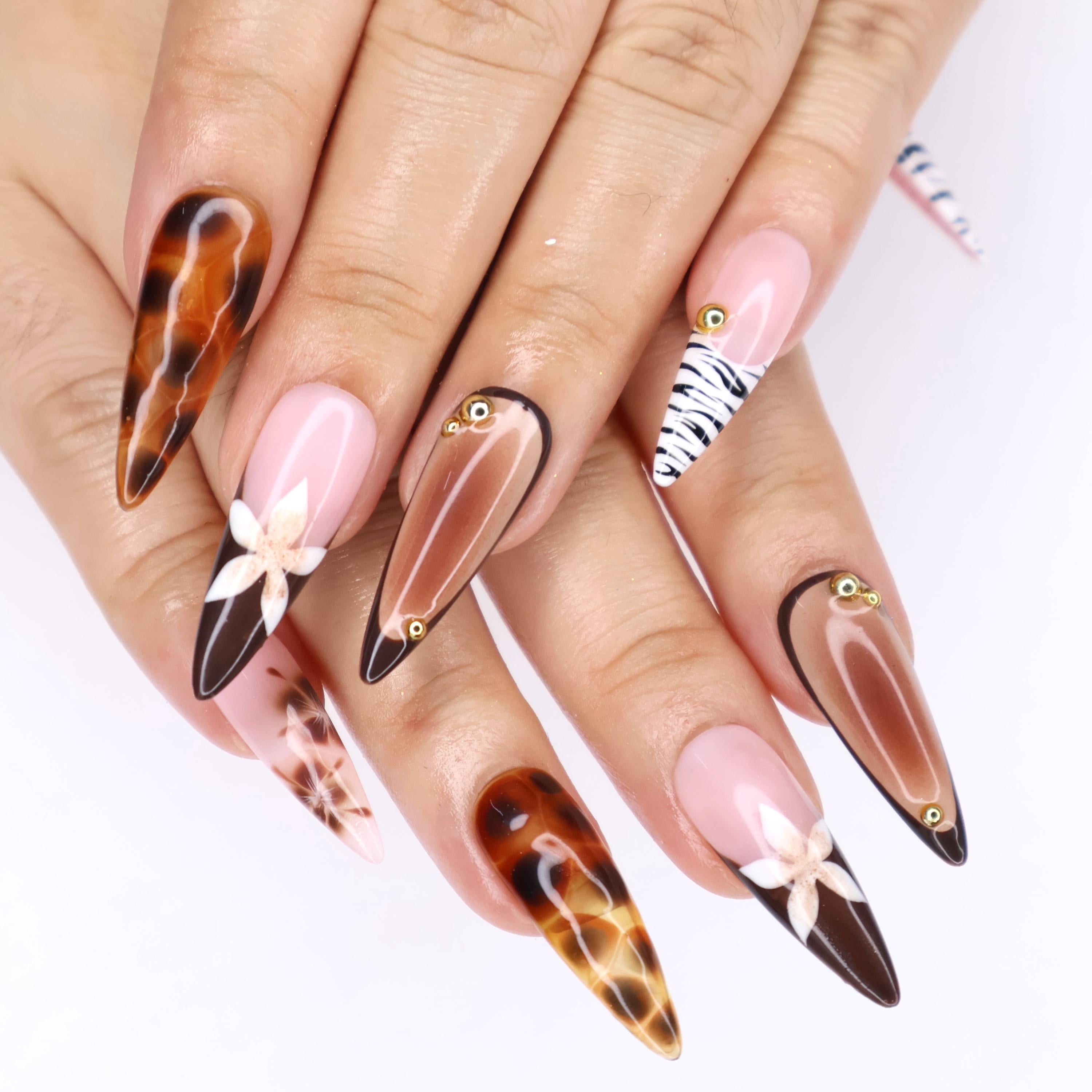 Tortoise Shell & Zebra Print Press-On Nails with Gold Accents, Handmade Fall Almond Nails for a Bold and Elegant Look or Gift for Her
