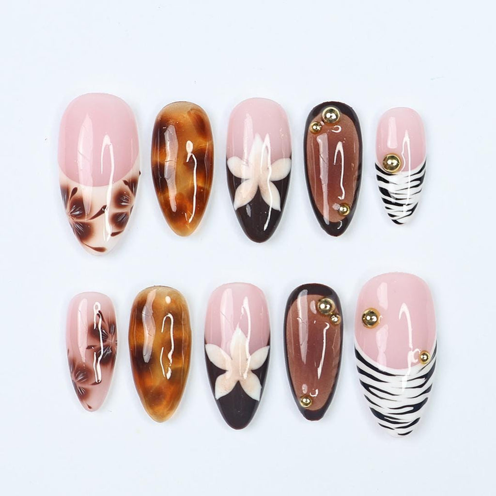 Tortoise Shell & Zebra Print Press-On Nails with Gold Accents, Handmade Fall Almond Nails for a Bold and Elegant Look or Gift for Her
