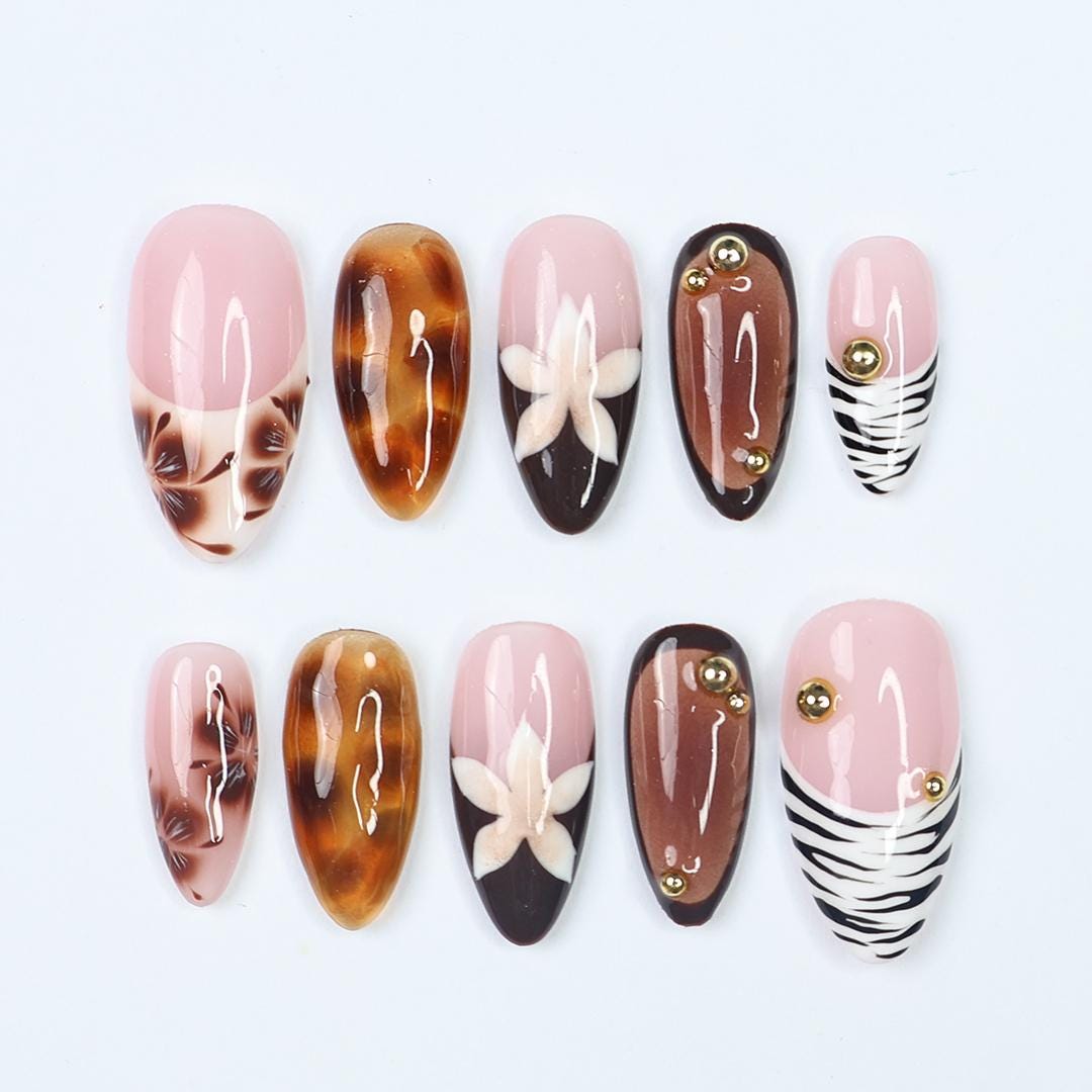Tortoise Shell & Zebra Print Press-On Nails with Gold Accents, Handmade Fall Almond Nails for a Bold and Elegant Look or Gift for Her