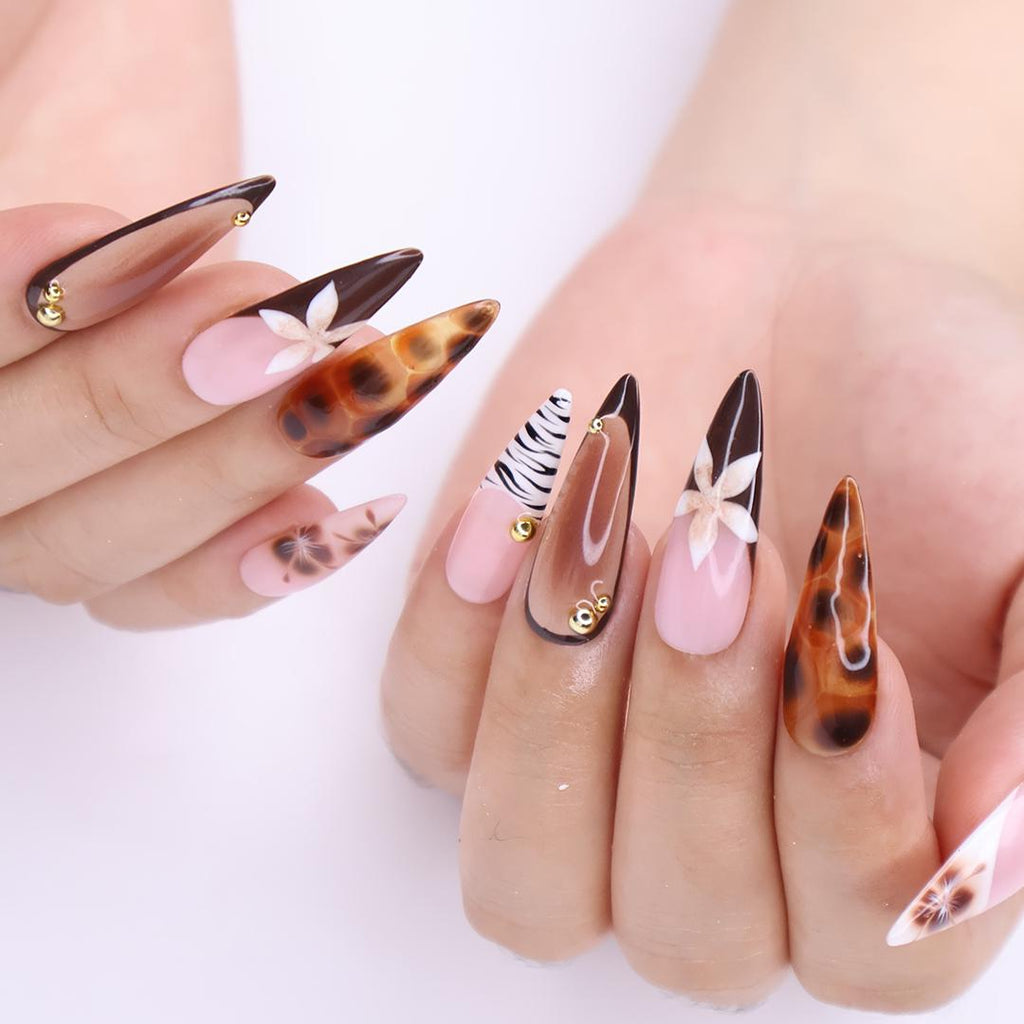 Tortoise Shell & Zebra Print Press-On Nails with Gold Accents, Handmade Fall Almond Nails for a Bold and Elegant Look or Gift for Her