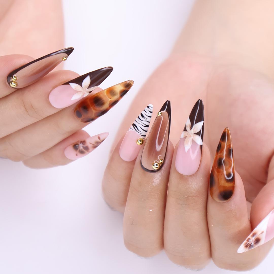 Tortoise Shell & Zebra Print Press-On Nails with Gold Accents, Handmade Fall Almond Nails for a Bold and Elegant Look or Gift for Her