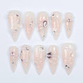Press On Nails Lustreva Crystals & Pearls | Blush Pink Fake Nails Medium Stiletto | Handmade Luxury Nail Art for Wedding, Party, Event
