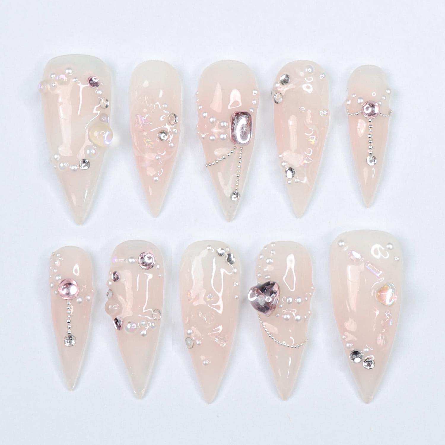 Press On Nails Lustreva Crystals & Pearls | Blush Pink Fake Nails Medium Stiletto | Handmade Luxury Nail Art for Wedding, Party, Event