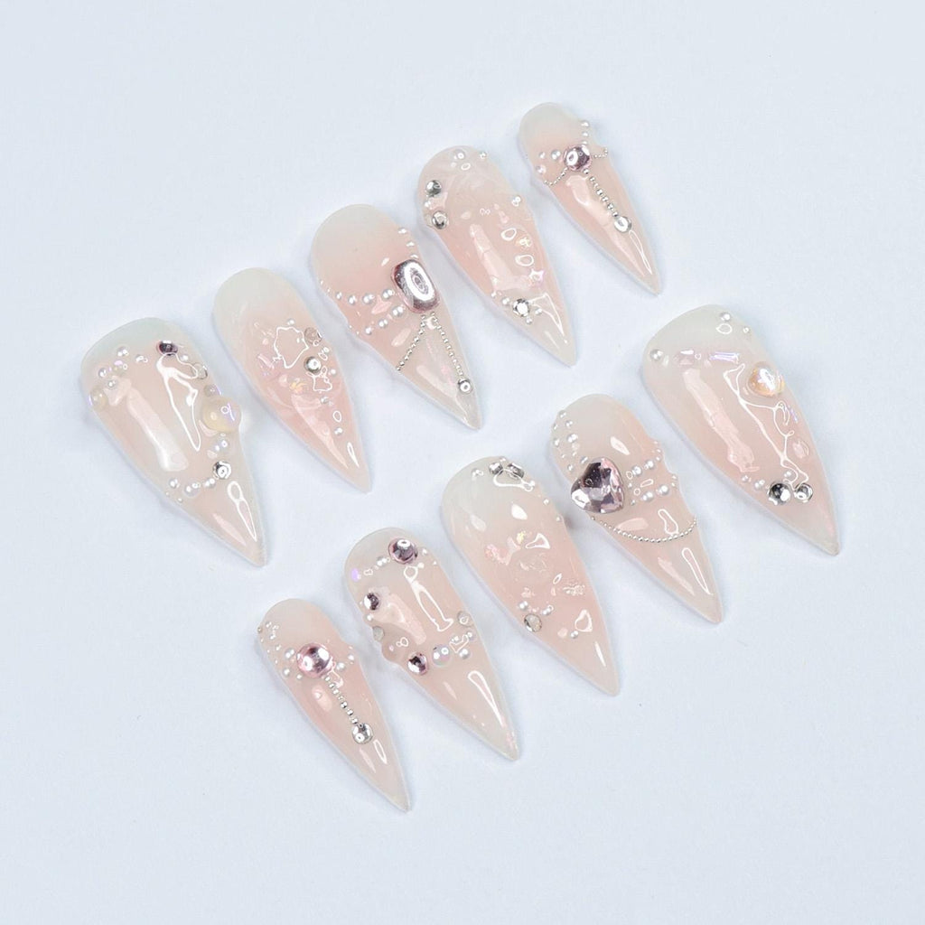 Press On Nails Lustreva Crystals & Pearls | Blush Pink Fake Nails Medium Stiletto | Handmade Luxury Nail Art for Wedding, Party, Event