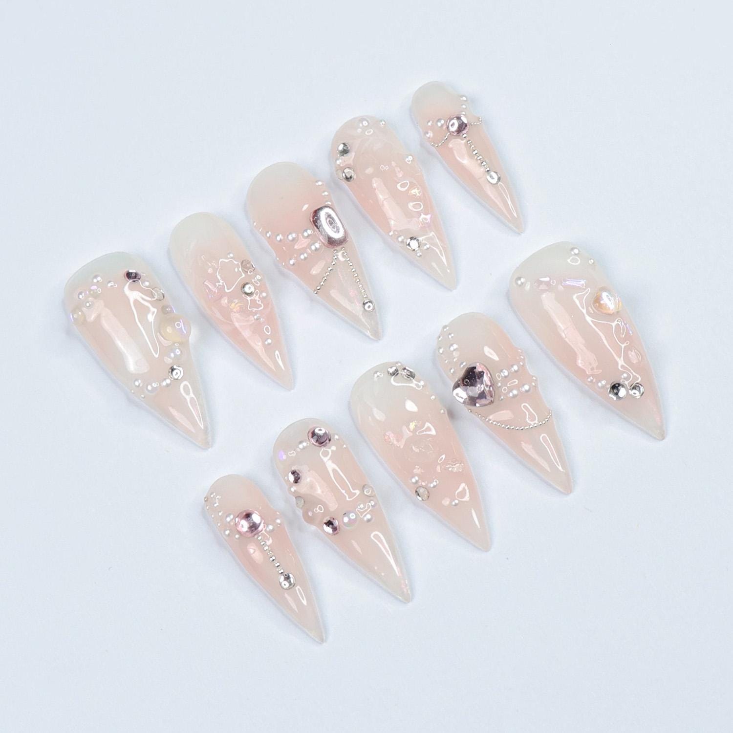 Press On Nails Lustreva Crystals & Pearls | Blush Pink Fake Nails Medium Stiletto | Handmade Luxury Nail Art for Wedding, Party, Event