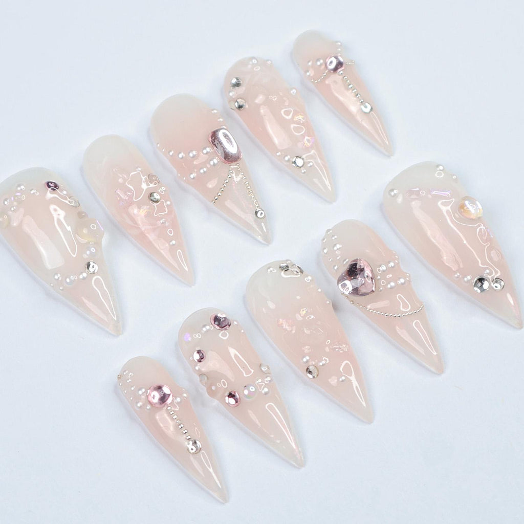 Press On Nails Lustreva Crystals & Pearls | Blush Pink Fake Nails Medium Stiletto | Handmade Luxury Nail Art for Wedding, Party, Event