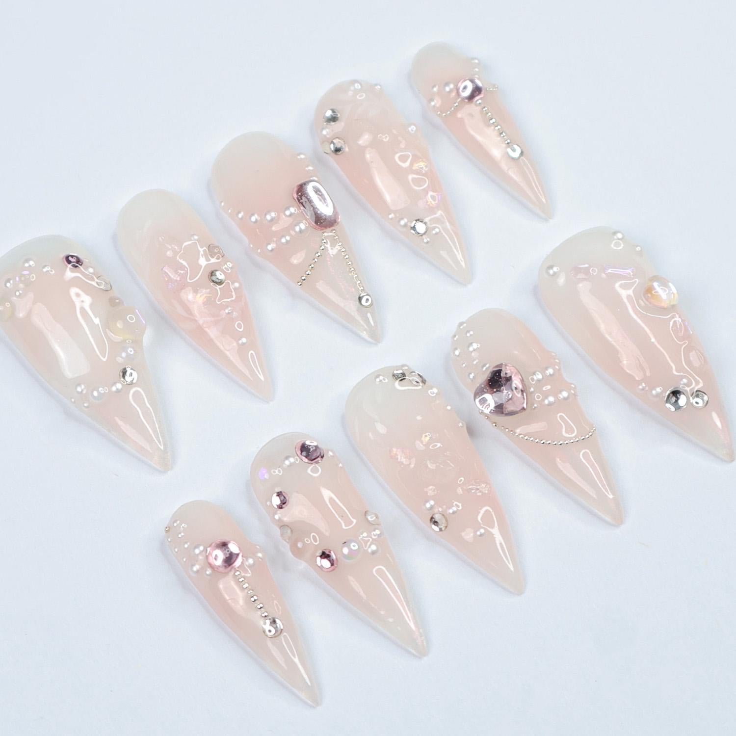 Press On Nails Lustreva Crystals & Pearls | Blush Pink Fake Nails Medium Stiletto | Handmade Luxury Nail Art for Wedding, Party, Event