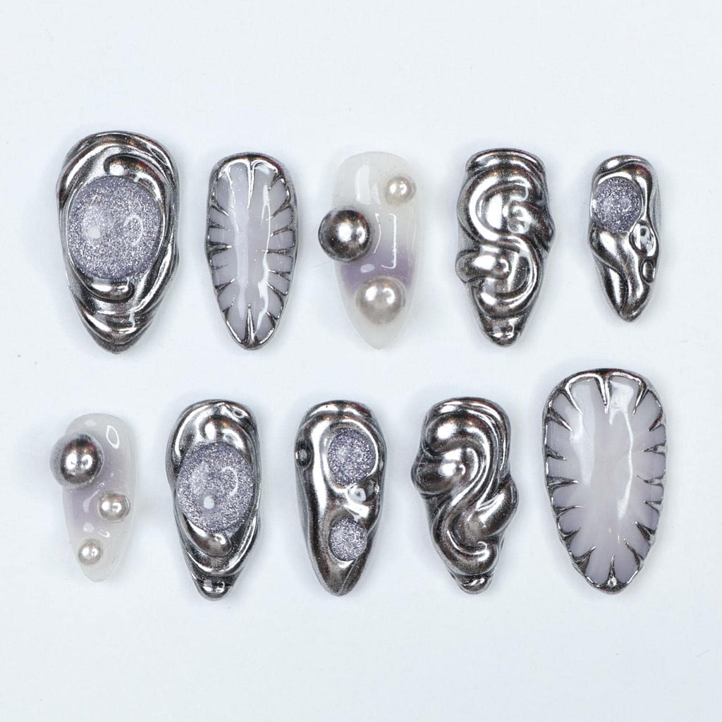 Press On Nail Chromivor Chrome Swirls & Pearls | Metallic Fake Nails Medium Almond | Handmade Avant-Garde Nail Art for Party, Event, Fashion