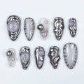Press On Nail Chromivor Chrome Swirls & Pearls | Metallic Fake Nails Medium Almond | Handmade Avant-Garde Nail Art for Party, Event, Fashion