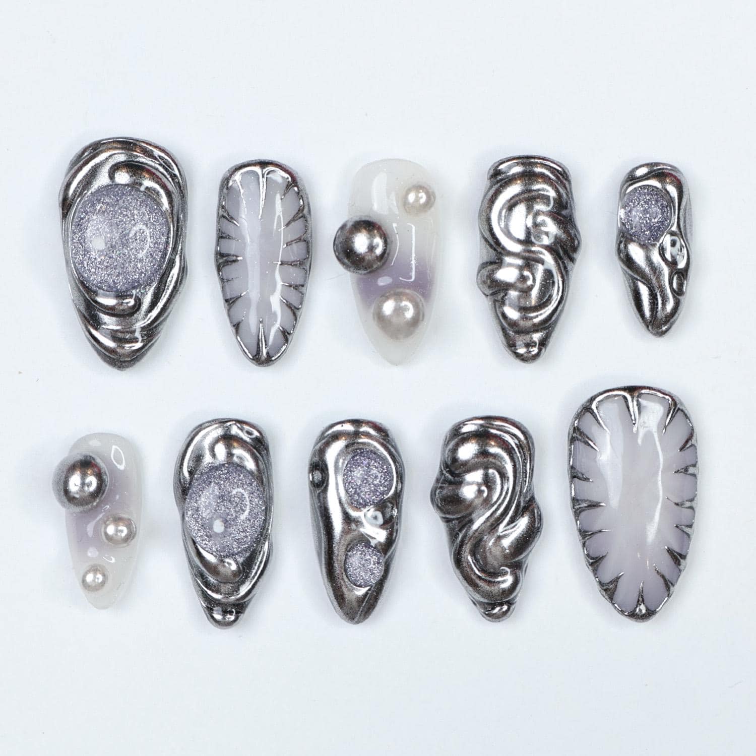 Press On Nail Chromivor Chrome Swirls & Pearls | Metallic Fake Nails Medium Almond | Handmade Avant-Garde Nail Art for Party, Event, Fashion
