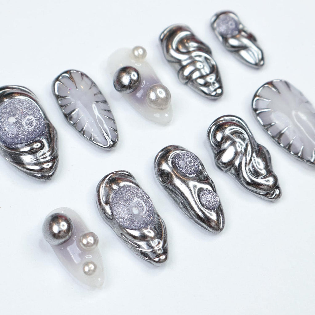 Press On Nail Chromivor Chrome Swirls & Pearls | Metallic Fake Nails Medium Almond | Handmade Avant-Garde Nail Art for Party, Event, Fashion