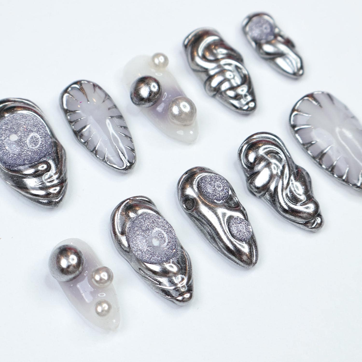 Press On Nail Chromivor Chrome Swirls & Pearls | Metallic Fake Nails Medium Almond | Handmade Avant-Garde Nail Art for Party, Event, Fashion