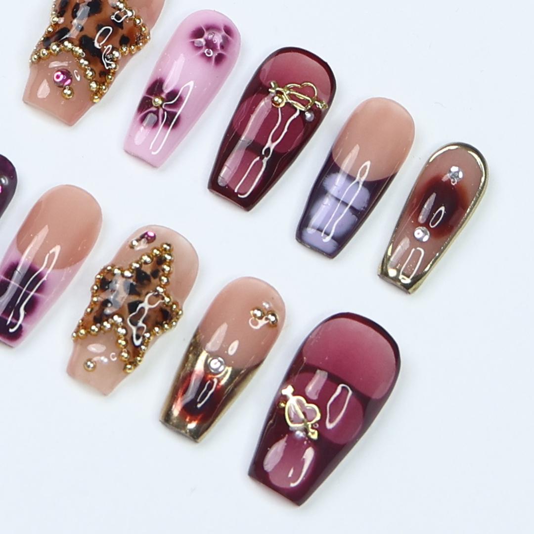 Press On Nails Starvenom Leopard Star & Gold Art | Bold Fake Nails Medium Coffin | Handmade Glamorous Nail Art for Party, Fashion, Event