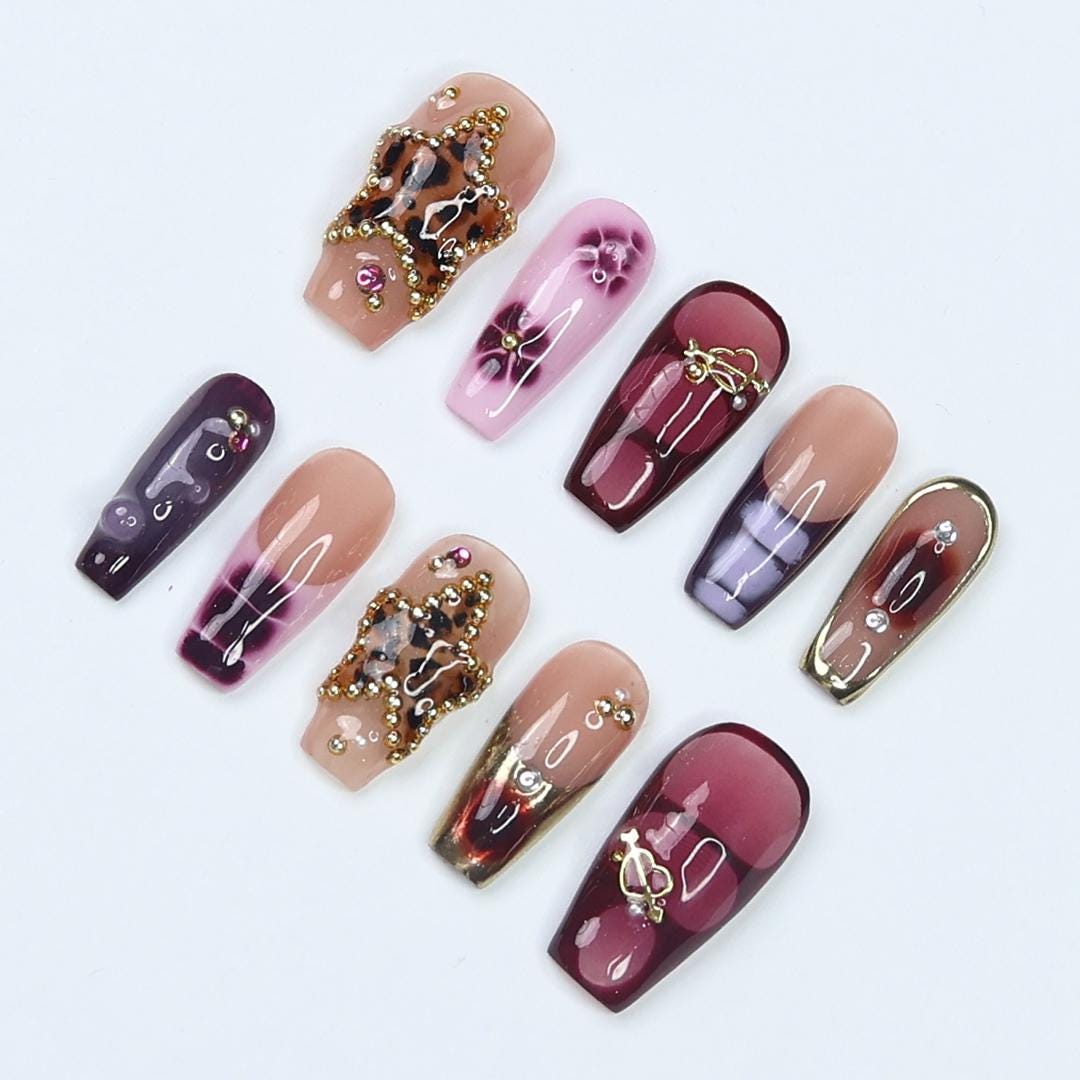 Press On Nails Starvenom Leopard Star & Gold Art | Bold Fake Nails Medium Coffin | Handmade Glamorous Nail Art for Party, Fashion, Event