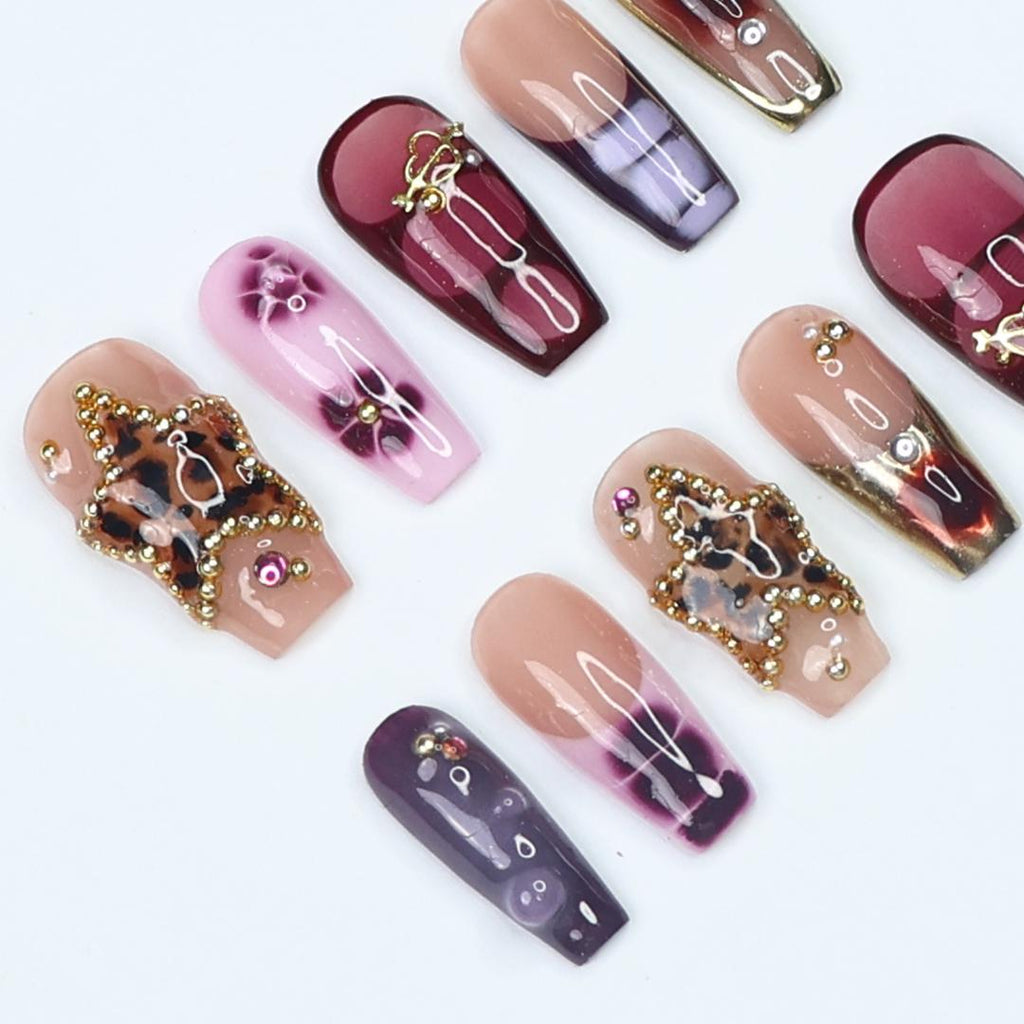 Press On Nails Starvenom Leopard Star & Gold Art | Bold Fake Nails Medium Coffin | Handmade Glamorous Nail Art for Party, Fashion, Event