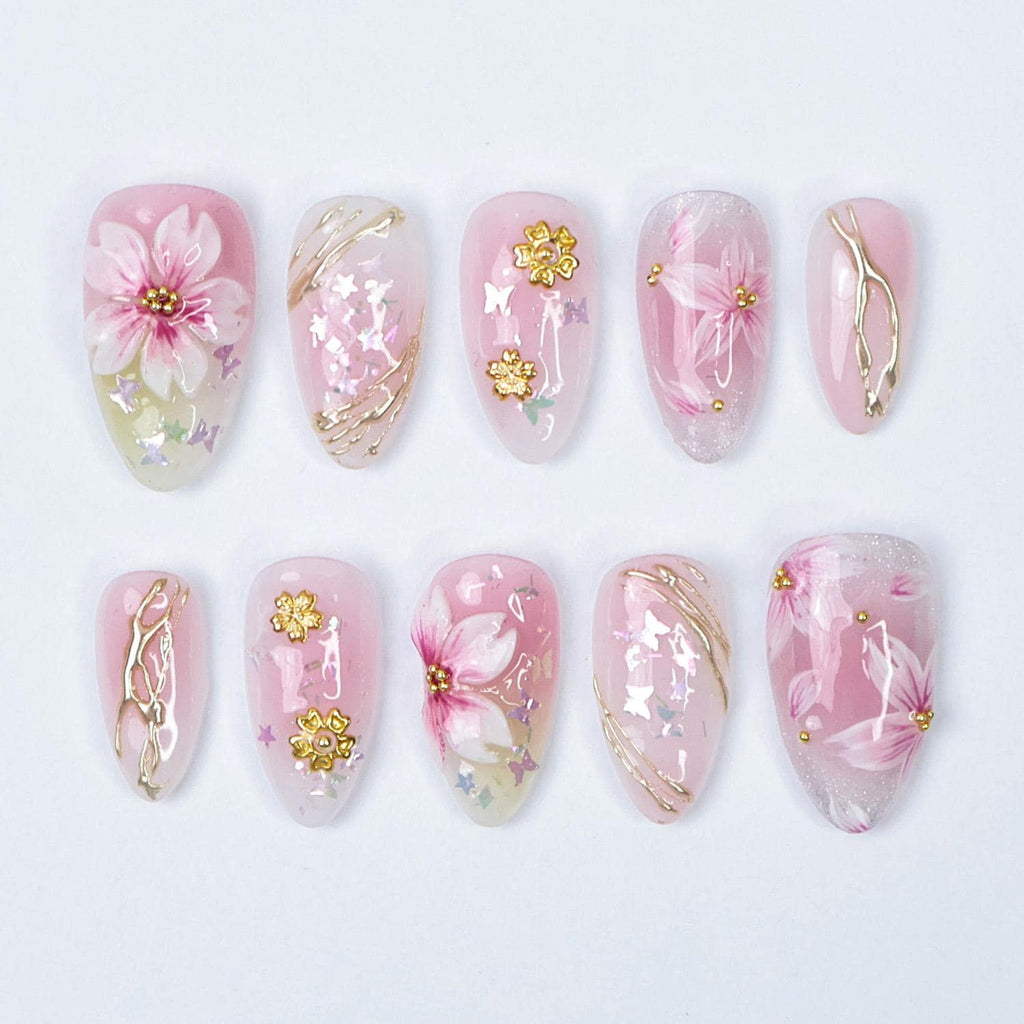 Press On Nails 3D Sakura with Gold Detailing | Pastel Fake Nails in Short Almond | Handmade Spring Nail Art for Holiday, Vacation, Birthday