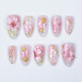Press On Nails 3D Sakura with Gold Detailing | Pastel Fake Nails in Short Almond | Handmade Spring Nail Art for Holiday, Vacation, Birthday