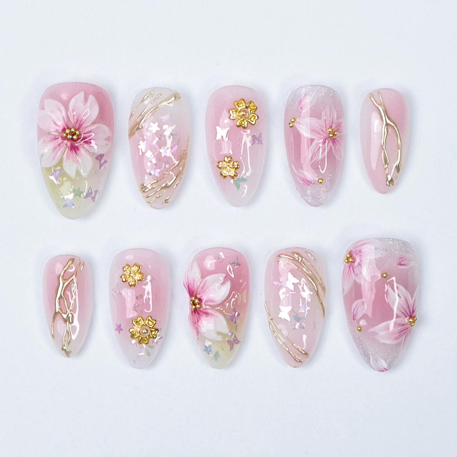 Press On Nails 3D Sakura with Gold Detailing | Pastel Fake Nails in Short Almond | Handmade Spring Nail Art for Holiday, Vacation, Birthday