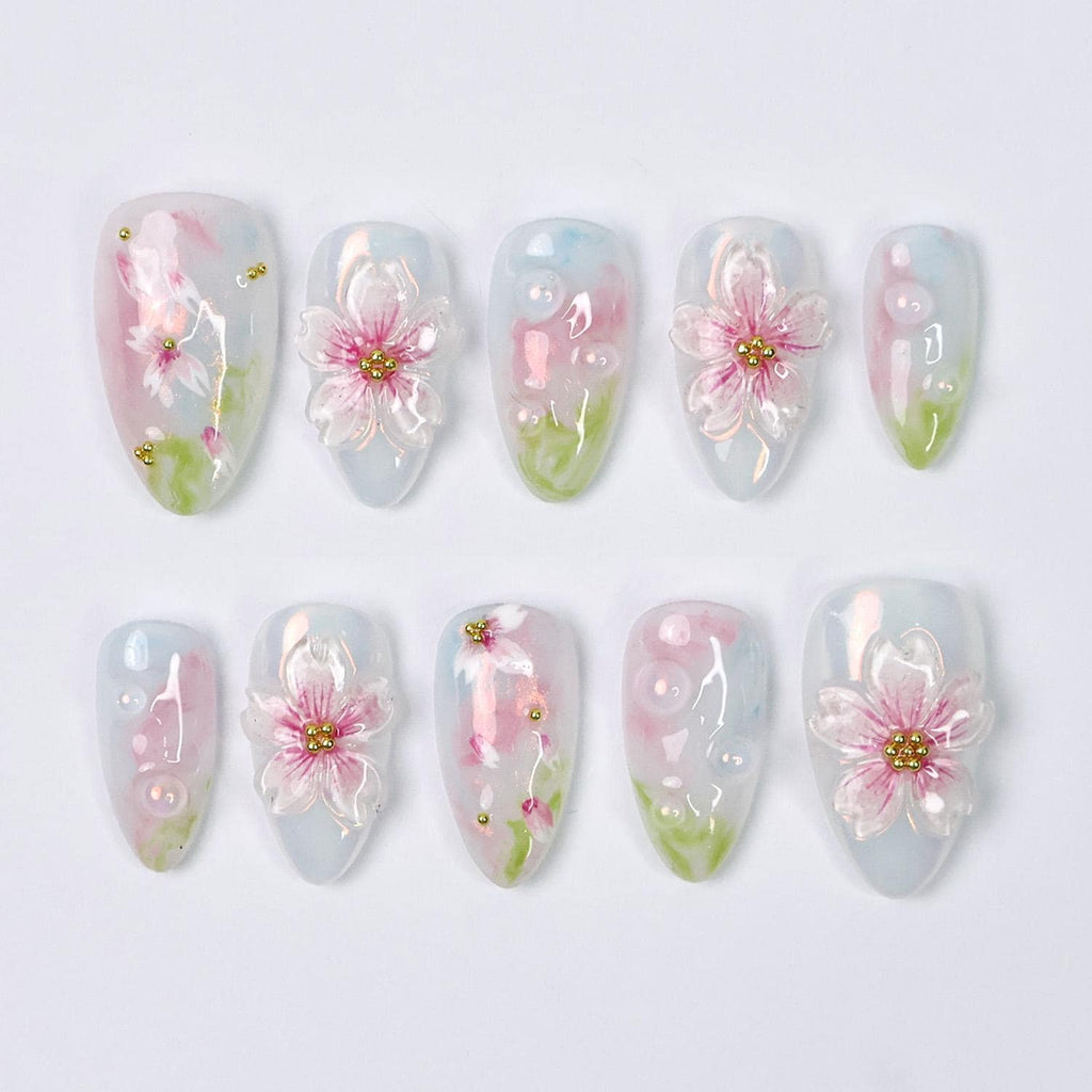 Press On Nail Petalmist with 3D Sakura | Pastel Floral Fake Nails in Short Almond | Handmade Spring Nail Art for Holiday, Vacation, Birthday