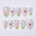 Press On Nail Petalmist with 3D Sakura | Pastel Floral Fake Nails in Short Almond | Handmade Spring Nail Art for Holiday, Vacation, Birthday