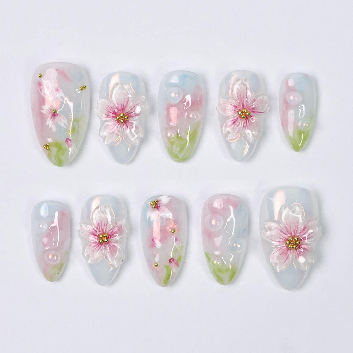 Press On Nail Petalmist with 3D Sakura | Pastel Floral Fake Nails in Short Almond | Handmade Spring Nail Art for Holiday, Vacation, Birthday