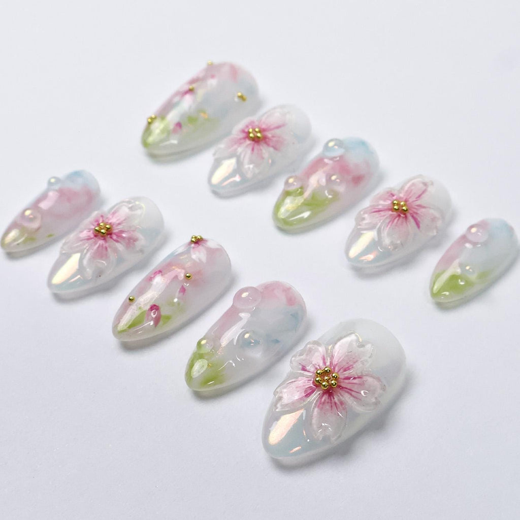 Press On Nail Petalmist with 3D Sakura | Pastel Floral Fake Nails in Short Almond | Handmade Spring Nail Art for Holiday, Vacation, Birthday