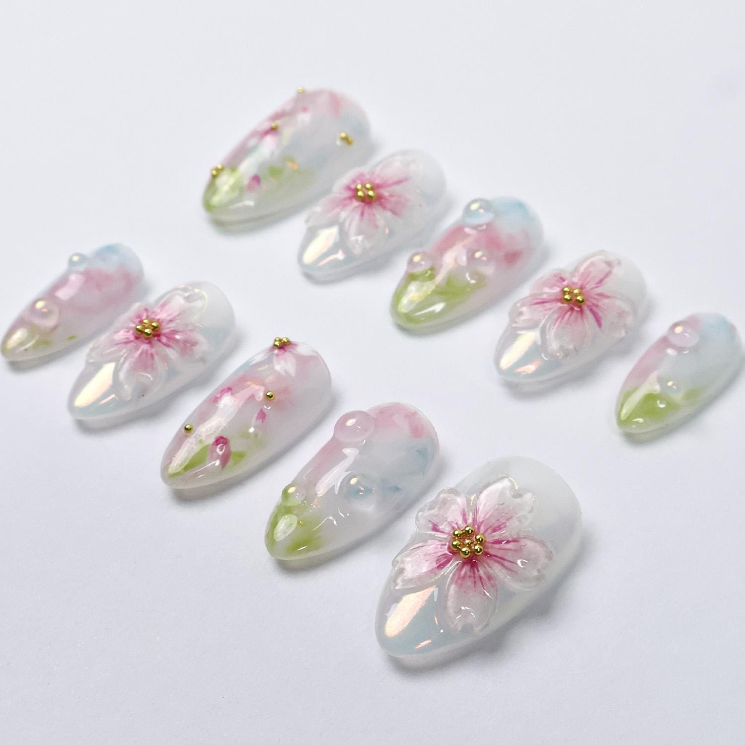 Press On Nail Petalmist with 3D Sakura | Pastel Floral Fake Nails in Short Almond | Handmade Spring Nail Art for Holiday, Vacation, Birthday