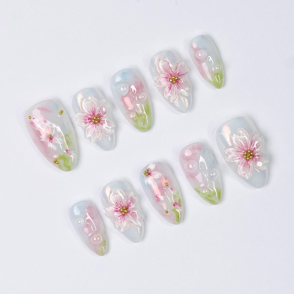 Press On Nail Petalmist with 3D Sakura | Pastel Floral Fake Nails in Short Almond | Handmade Spring Nail Art for Holiday, Vacation, Birthday