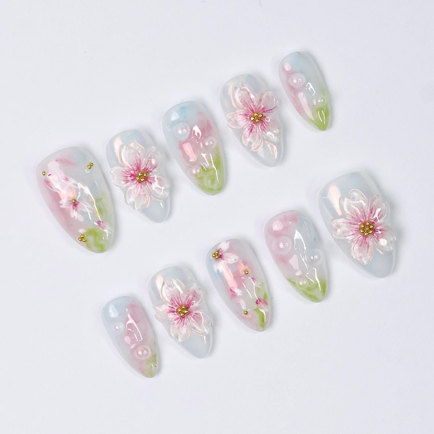 Press On Nail Petalmist with 3D Sakura | Pastel Floral Fake Nails in Short Almond | Handmade Spring Nail Art for Holiday, Vacation, Birthday