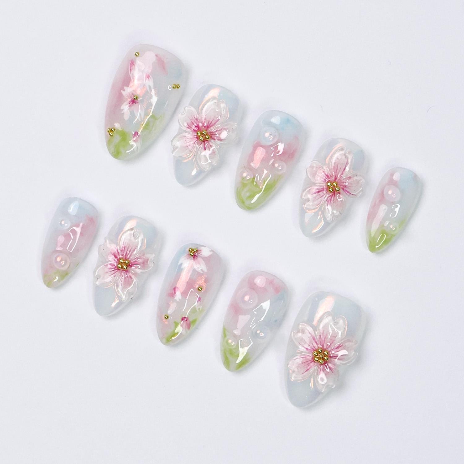 Press On Nail Petalmist with 3D Sakura | Pastel Floral Fake Nails in Short Almond | Handmade Spring Nail Art for Holiday, Vacation, Birthday