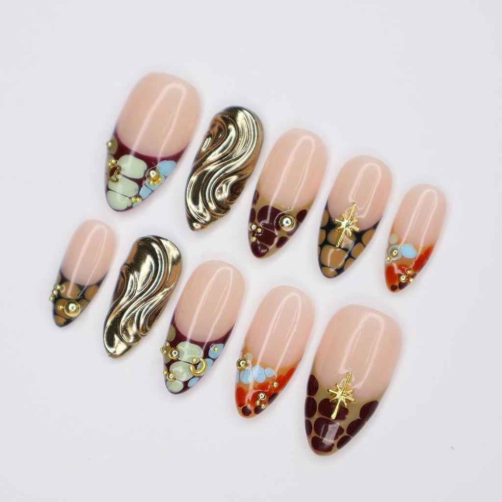 Elegant Animal Print Almond Press On Nails, Gold Accents, 3D Floral Touch, Handmade for Events, Holidays or perfect Gifts for her