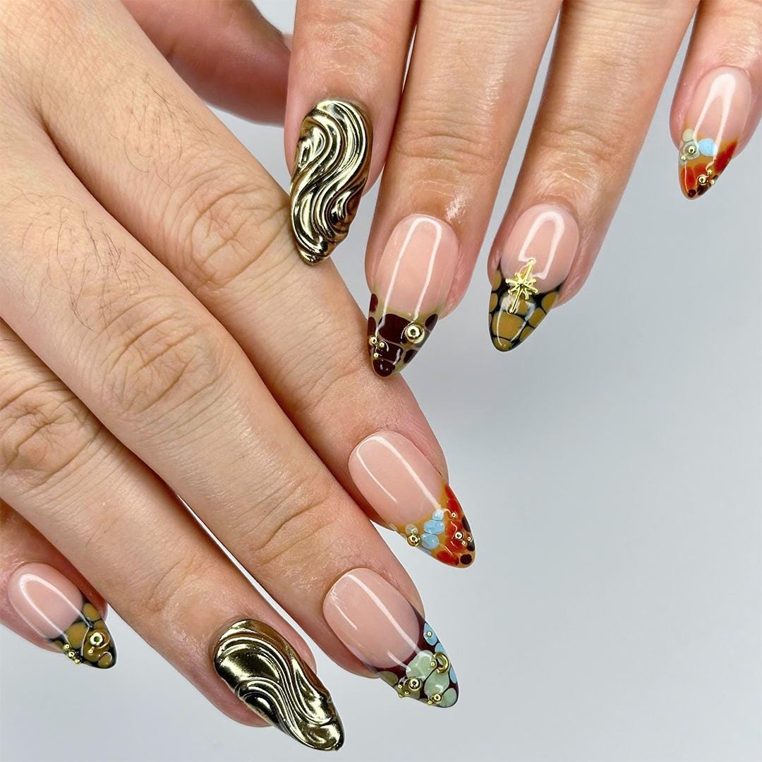 Elegant Animal Print Almond Press On Nails, Gold Accents, 3D Floral Touch, Handmade for Events, Holidays or perfect Gifts for her
