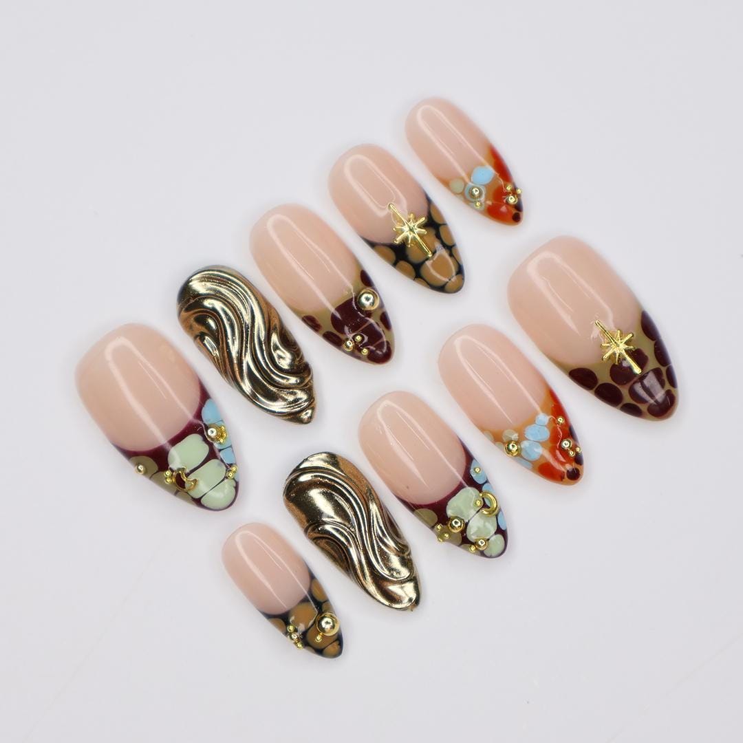 Elegant Animal Print Almond Press On Nails, Gold Accents, 3D Floral Touch, Handmade for Events, Holidays or perfect Gifts for her