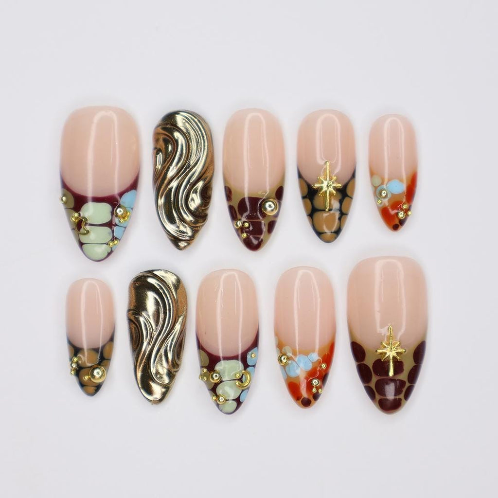 Elegant Animal Print Almond Press On Nails, Gold Accents, 3D Floral Touch, Handmade for Events, Holidays or perfect Gifts for her