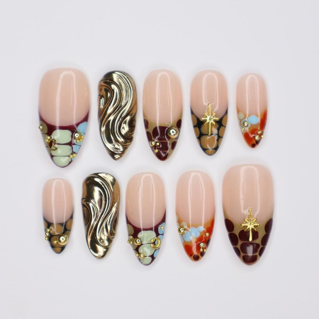 Elegant Animal Print Almond Press On Nails, Gold Accents, 3D Floral Touch, Handmade for Events, Holidays or perfect Gifts for her
