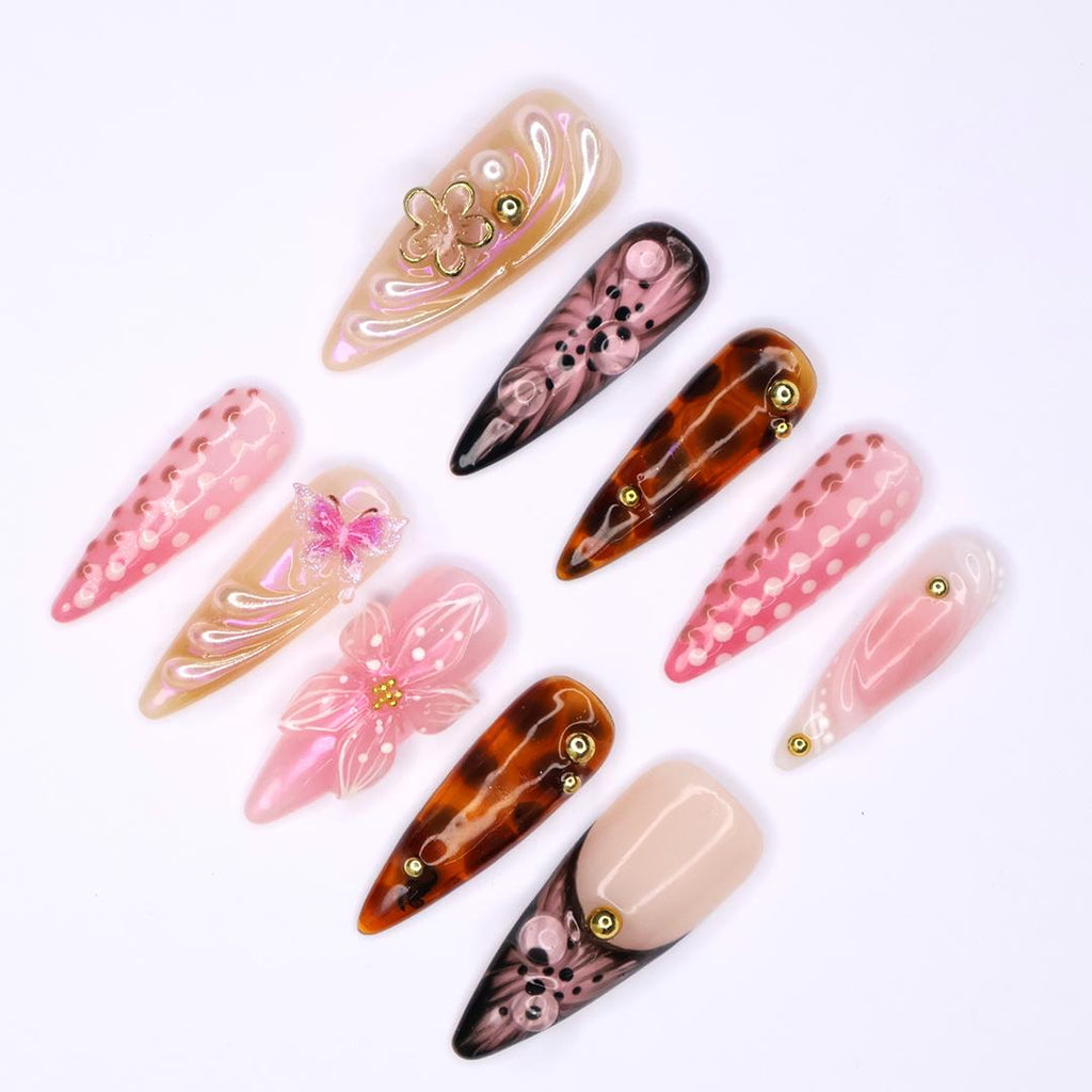 Elegant Floral Tortoise Almond Press On Nail, 3D Butterfly, Gold Accent, Handmade Nail, Perfect for Holiday, Vacation or Gift for Her