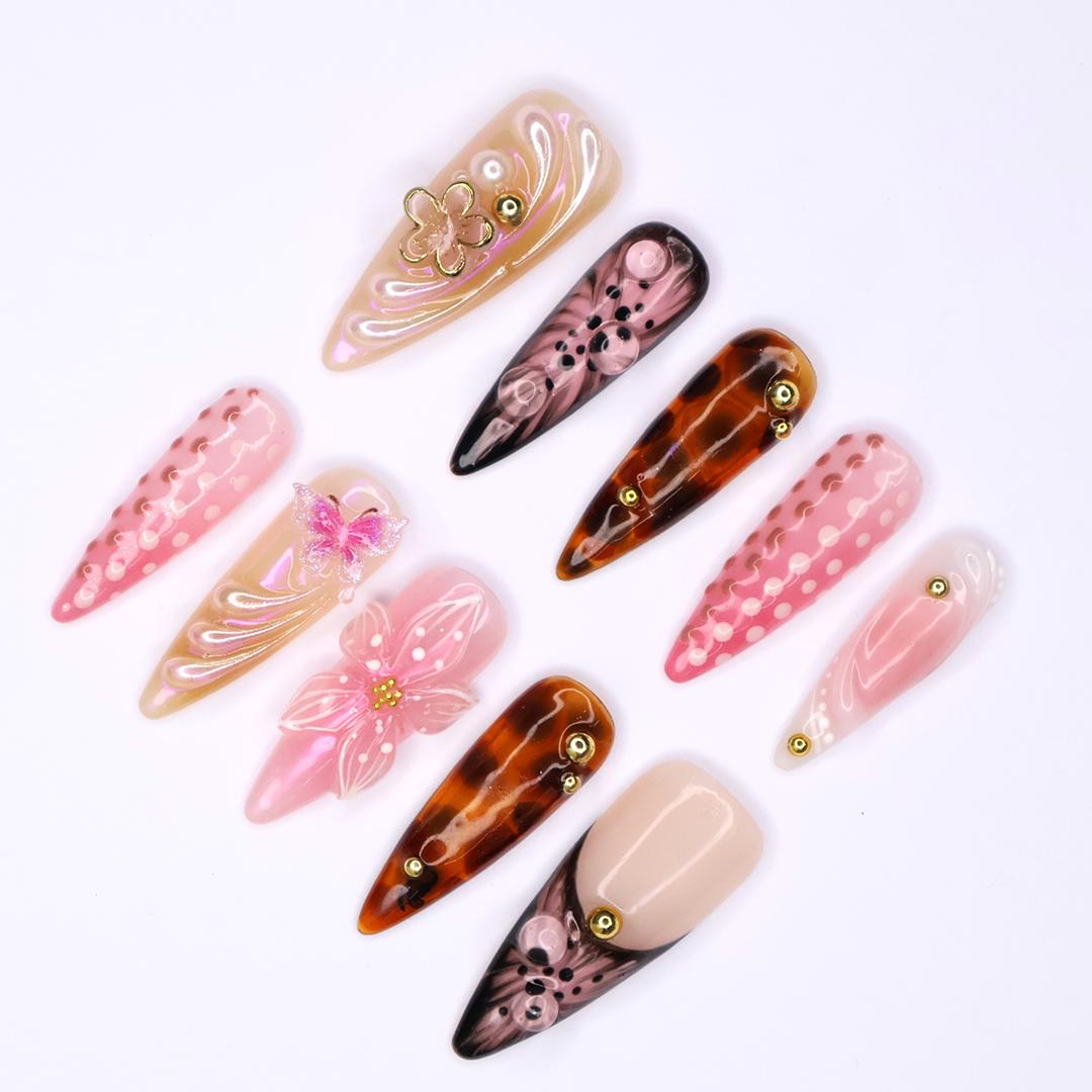 Elegant Floral Tortoise Almond Press On Nail, 3D Butterfly, Gold Accent, Handmade Nail, Perfect for Holiday, Vacation or Gift for Her