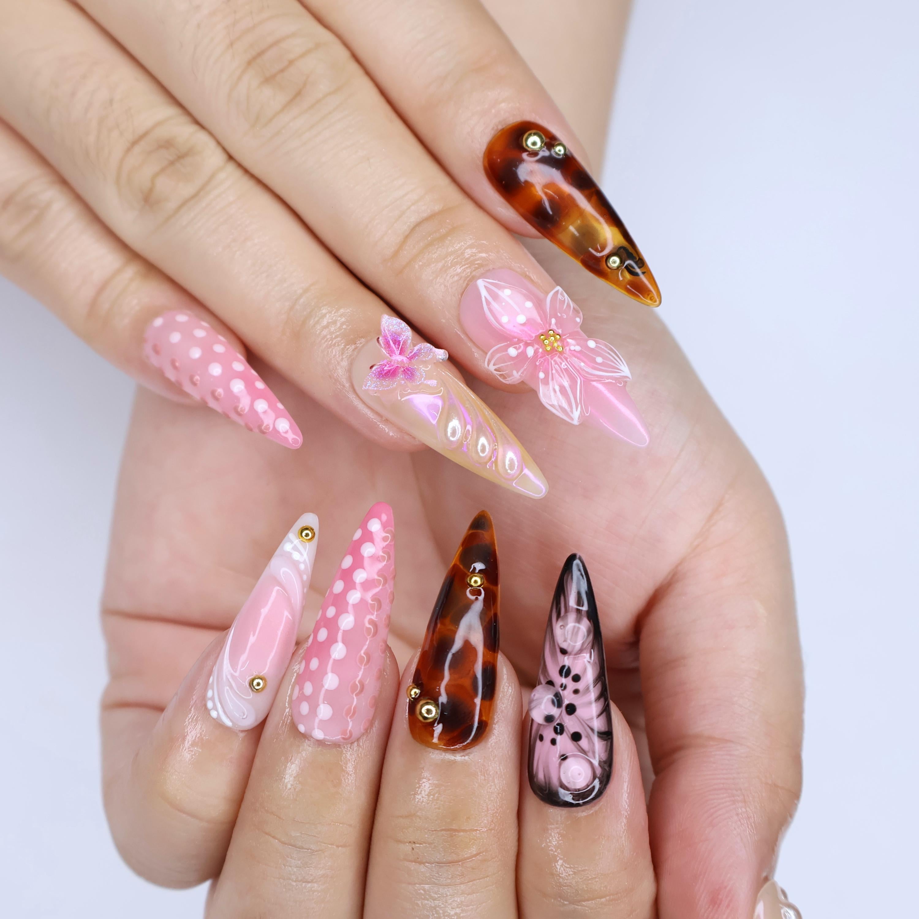 Elegant Floral Tortoise Almond Press On Nail, 3D Butterfly, Gold Accent, Handmade Nail, Perfect for Holiday, Vacation or Gift for Her