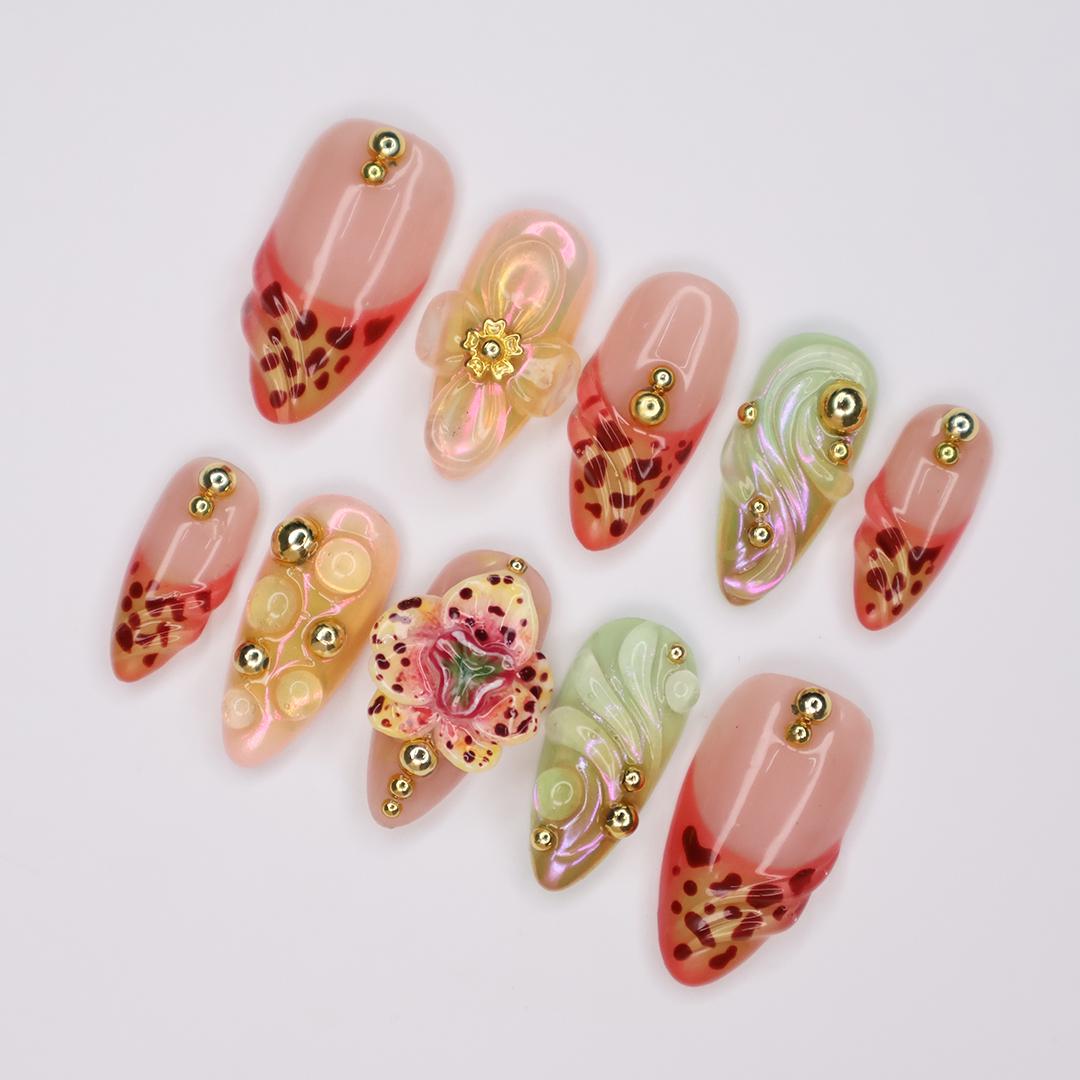 Handmade 3D Floral Press On Nail, Iridescent, Gold Accent, Jelly Effect, Custom Luxury Nail Art for Glamorous Look or Perfer Gift for Her