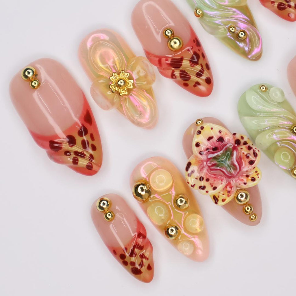 Handmade 3D Floral Press On Nail, Iridescent, Gold Accent, Jelly Effect, Custom Luxury Nail Art for Glamorous Look or Perfer Gift for Her